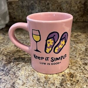 Life Is Good Pink Mug Keep it Simple with Flip Flop Design & Wine Glass 12 oz.